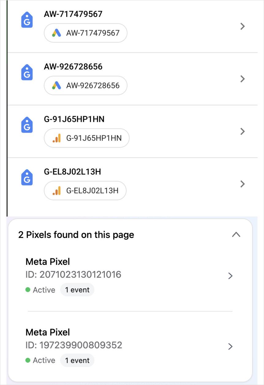 A tag inspector showing two Google Analytics, two Google Ads, and two Meta pixel tags on one page