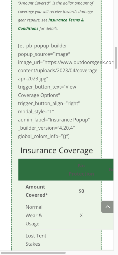 The checkout page on a phone with raw page builder code printed above the insurance coverage table
