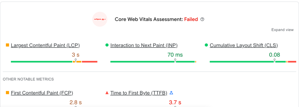 Google PageSpeed Insights showing Core Web Vitals Assessment: Failed for outdoorsgeek.com on mobile