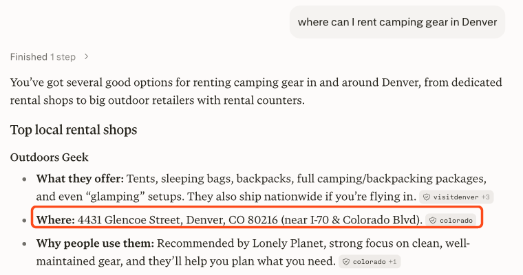 Perplexity's answer to where can I rent camping gear in Denver, naming Outdoors Geek first and giving 4431 Glencoe Street as the address