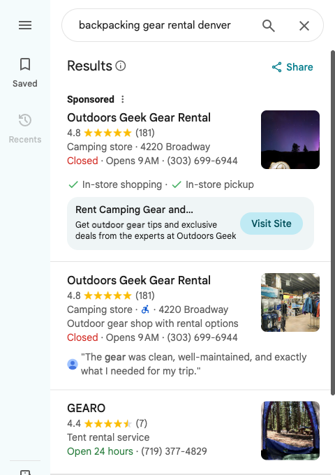 Google Maps results for backpacking gear rental denver, with Outdoors Geek Gear Rental in the sponsored slot and first in the organic results